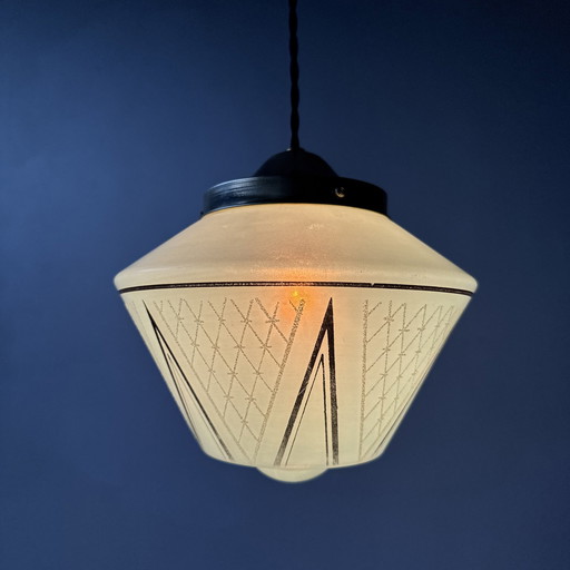 Antieke Blauw-Groene Hanglamp Vintage 1950