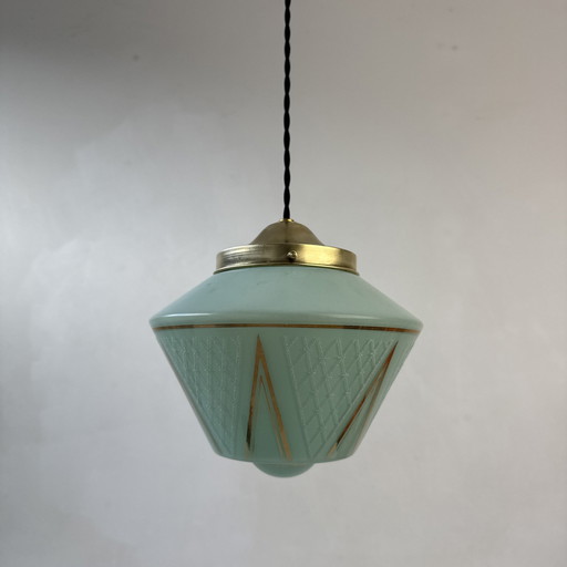 Antieke Blauw-Groene Hanglamp Vintage 1950