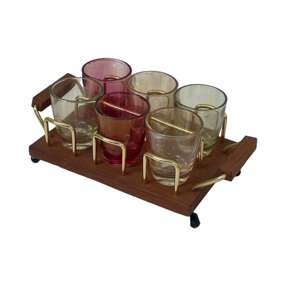 Image 1 of Ca. 1950's - Duitsland - McM barset - zes lage glazen, 4 long steel shotglazen (schnaps) en een teakhouten dienblad