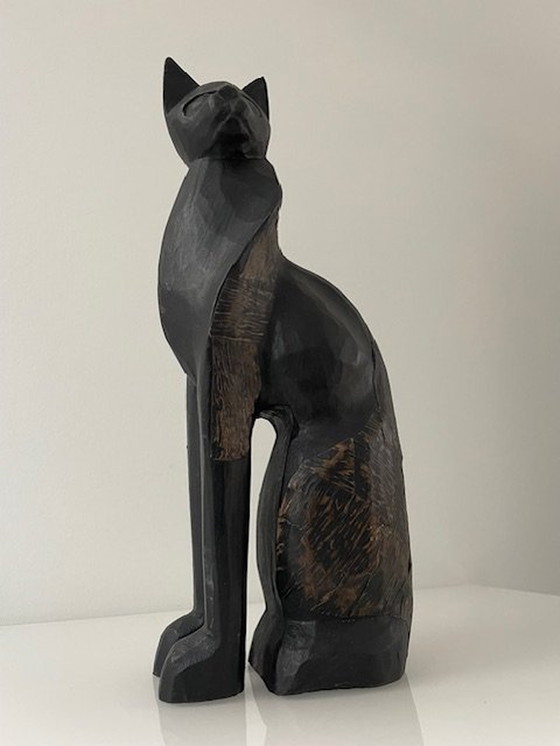 Image 1 of Beeld Gestileerde Kat - 31Cm Hoog- Vintage Houtsnijkunst