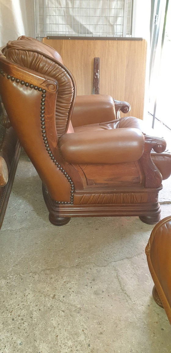 Image 1 of Retro Vintage Leder Bank Met Fauteuils 