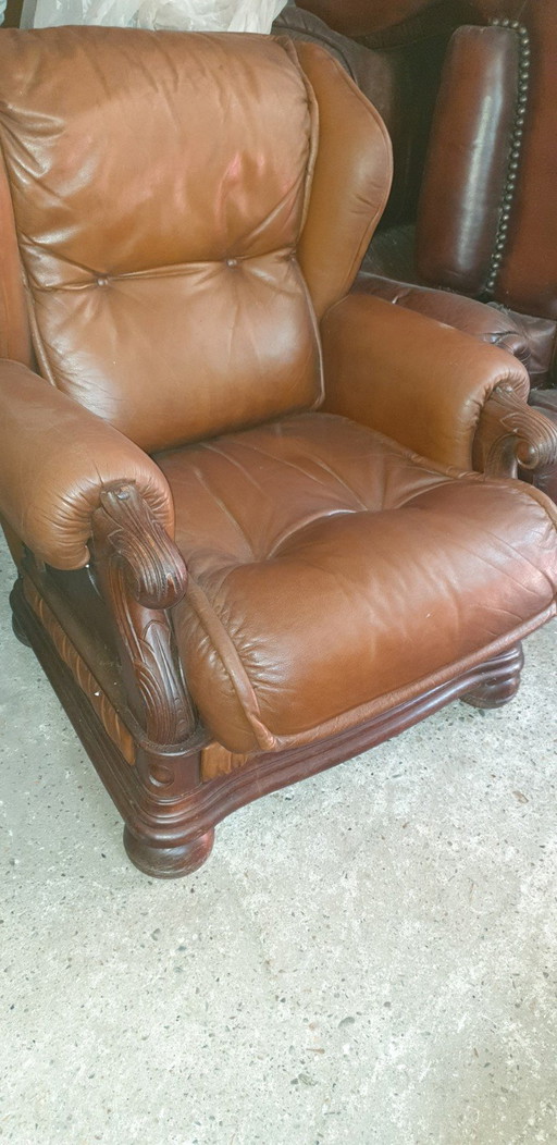 Retro Vintage Leder Bank Met Fauteuils 