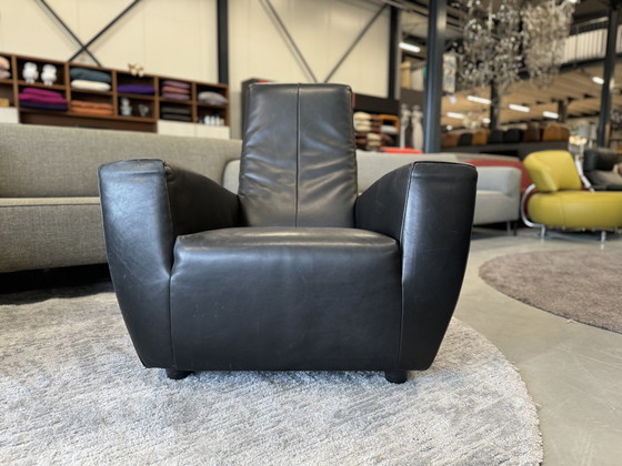 Image 1 of Label Longa Fauteuil Zwart Leer Met Bruin Leer Poef 