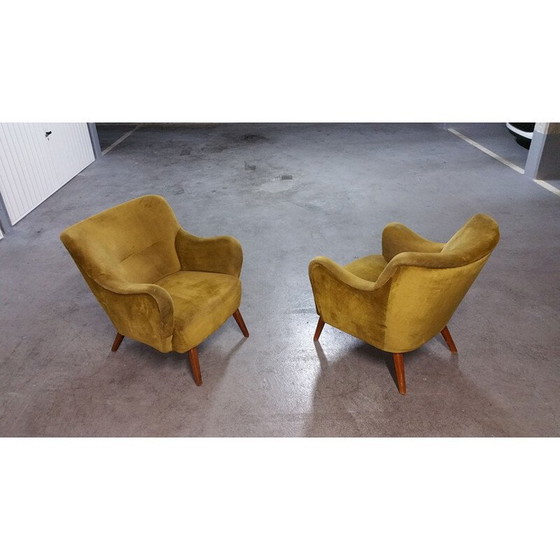 Image 1 of Paar vintage Italiaanse fauteuils in goudfluweel, 1950-1960