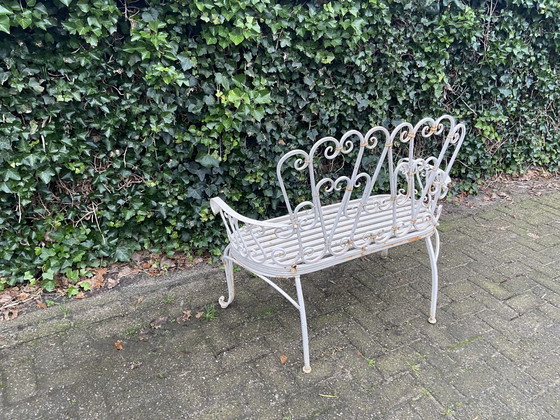 Image 1 of Set Van 2 Ijzeren Tuinbanken En Ovalen Tuintafel, Wit