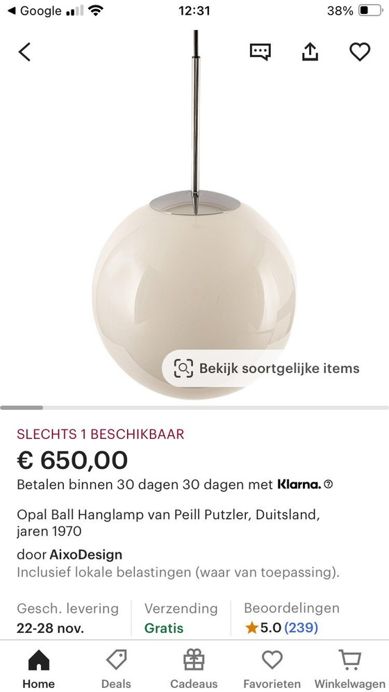 Image 1 of Grote Bol Hanglamp Van Peill Putzler, Duitsland, Jaren 1970