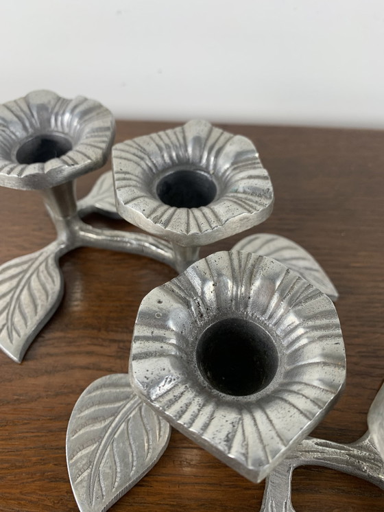 Image 1 of Vintage Metalen Kaarshouder 4 Bloemen