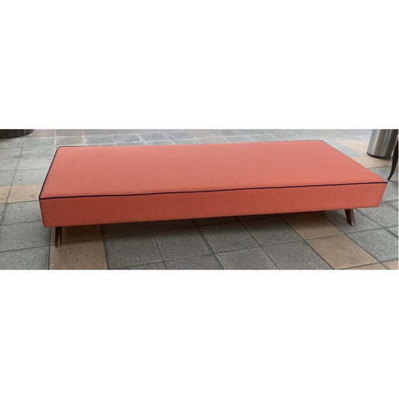 Image 1 of Vintage daybed in massief teakhout en katoenen canvas van Jeanneret, Frankrijk 1957