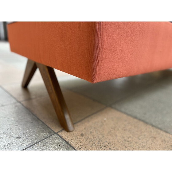 Image 1 of Vintage daybed in massief teakhout en katoenen canvas van Jeanneret, Frankrijk 1957