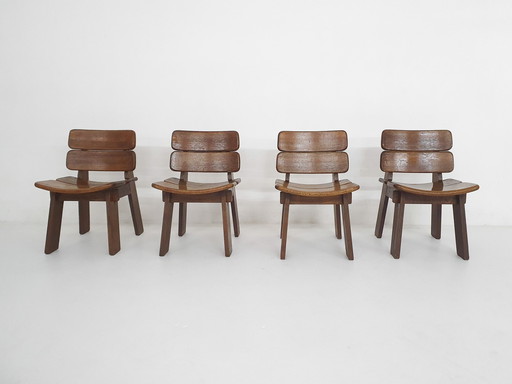 Set van vier massief eiken eetkamerstoelen, Nederland 1970'S