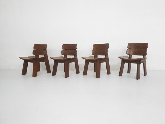 Image 1 of Set van vier massief eiken eetkamerstoelen, Nederland 1970'S