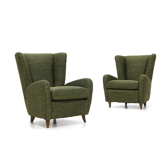 Image 1 of Paar vintage fauteuils in groene stof, jaren 1940