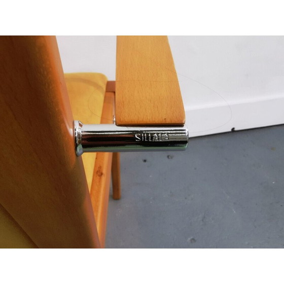 Image 1 of Vintage Bridge stoel in hout en mosterd nubuck bekleding