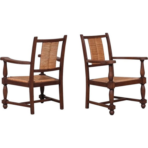 Paar vintage fauteuils in biezen, Frankrijk 1950