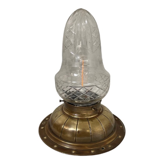 Image 1 of Art deco/Vroeg jaren '30 - Plafondlamp met kristallen kap - Messing voet en keramische fitting - Volledig origineel!