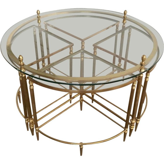 Image 1 of Vintage ronde messing salontafel met 4 tafeltjes voor Maison Bagués, Frankrijk1940