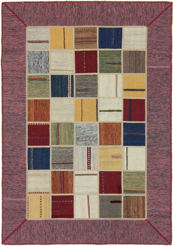 Image 1 of Origineel handgeknoopt Perzisch tapijt Kelim Patchwork Design 202 X 141 Cm Topconditie