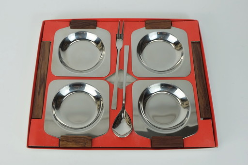 Mid Century Moderne Kom Set Dompelschalen Party Serveer Set Roestvrij Staal En Hout 1960S