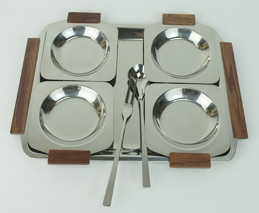 Mid Century Moderne Kom Set Dompelschalen Party Serveer Set Roestvrij Staal En Hout 1960S