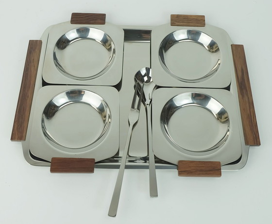 Image 1 of Mid Century Moderne Kom Set Dompelschalen Party Serveer Set Roestvrij Staal En Hout 1960S