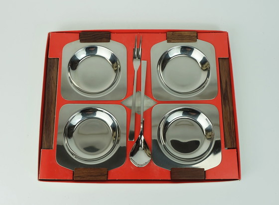 Image 1 of Mid Century Moderne Kom Set Dompelschalen Party Serveer Set Roestvrij Staal En Hout 1960S