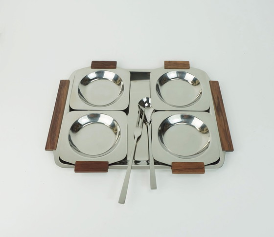 Image 1 of Mid Century Moderne Kom Set Dompelschalen Party Serveer Set Roestvrij Staal En Hout 1960S