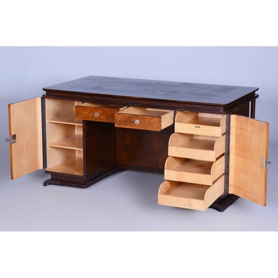 Image 1 of Vintage eikenhout, glas en essenhouten bureau met laden en planken, Tsjechië 1930