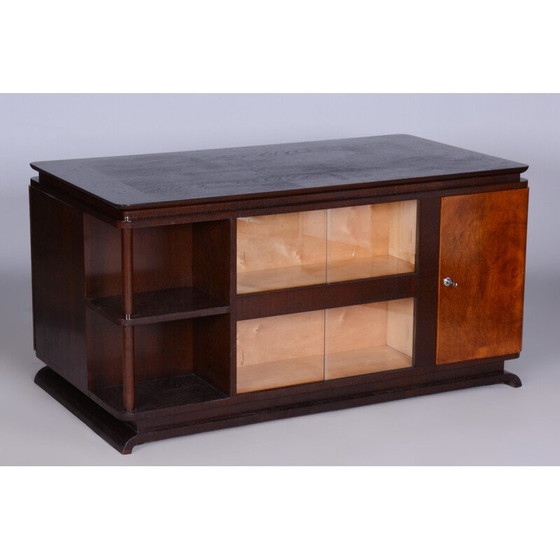 Image 1 of Vintage eikenhout, glas en essenhouten bureau met laden en planken, Tsjechië 1930