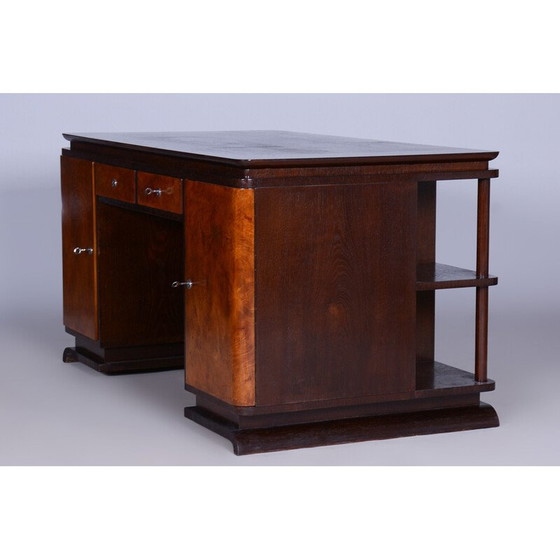 Image 1 of Vintage eikenhout, glas en essenhouten bureau met laden en planken, Tsjechië 1930