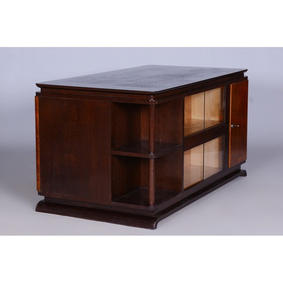 Image 1 of Vintage eikenhout, glas en essenhouten bureau met laden en planken, Tsjechië 1930