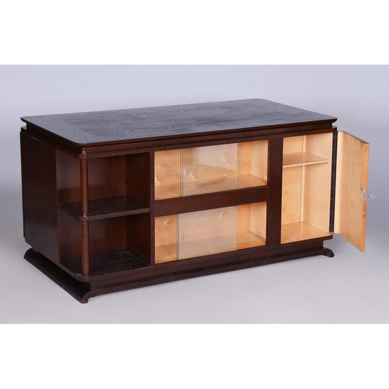 Image 1 of Vintage eikenhout, glas en essenhouten bureau met laden en planken, Tsjechië 1930