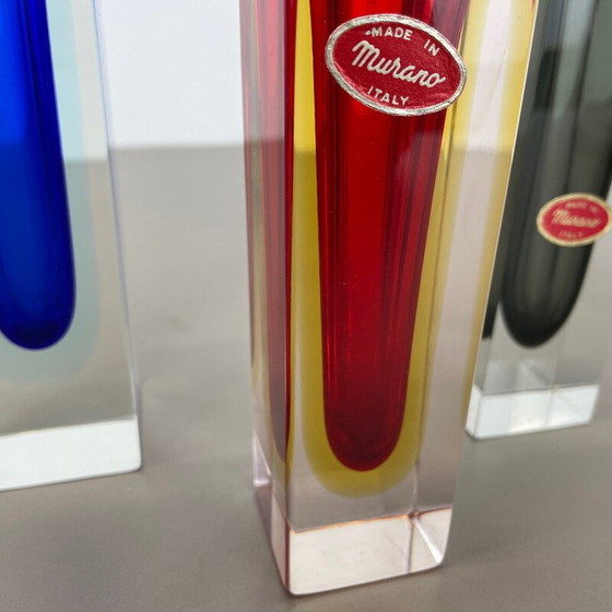 Image 1 of Set van 3 oude gefacetteerde Murano glazen Sommerso vazen door Flavio Poli, Italië 1970