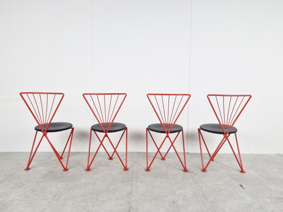 Image 1 of 4x Vintage rode metalen eetkamerstoelen, set