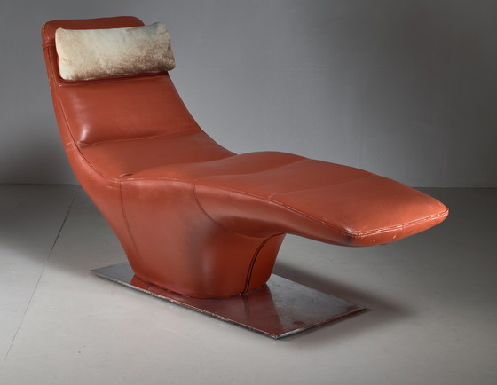 Image 1 of Halverwege de eeuw lederen chaise longue met koeienhuid kussen, VS, jaren 60