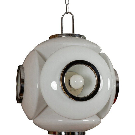 Image 1 of Vintage Space Age hanglamp van verchroomd metaal en wit glas, Italië 1970