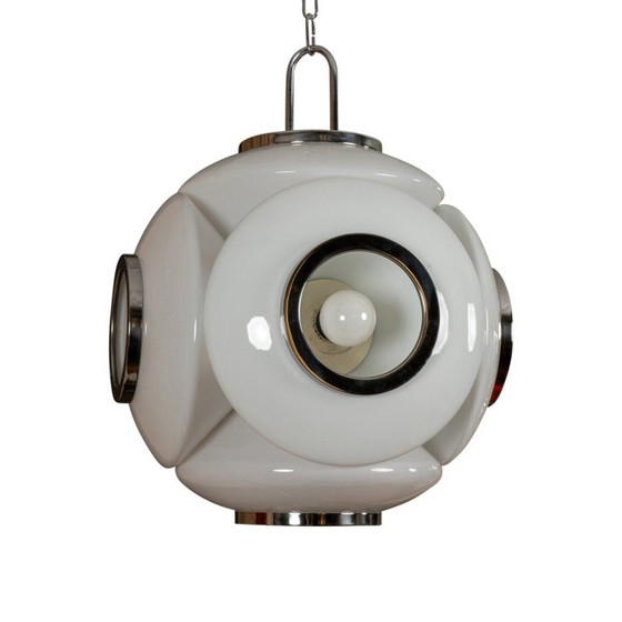 Image 1 of Vintage Space Age hanglamp van verchroomd metaal en wit glas, Italië 1970