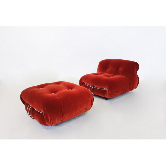 Image 1 of Paar vintage oranje "Soriana" fauteuils en voetenbank van Afra en Tobia Scarpa voor Cassina, Italië 1970