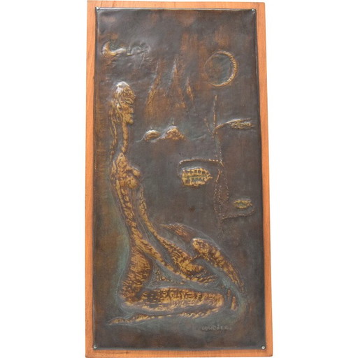 Vintage houten en koperen wandsculptuur door I.E.Hošek, Tsjecho-Slowakije 1960