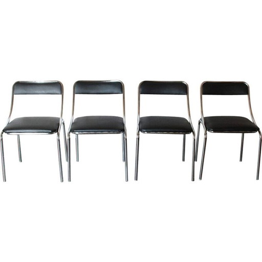 Set van 4 vintage eetkamerstoelen met verchroomde structuur en skai bekleding, jaren 1970