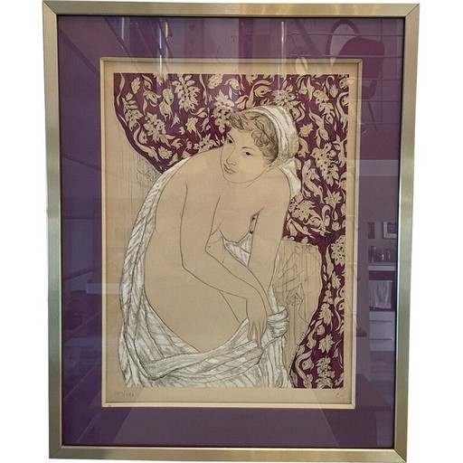 Vintage schilderij van naakte gedrapeerde vrouw door Genia Hadji Minache, 1949