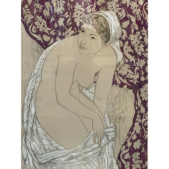 Image 1 of Vintage schilderij van naakte gedrapeerde vrouw door Genia Hadji Minache, 1949
