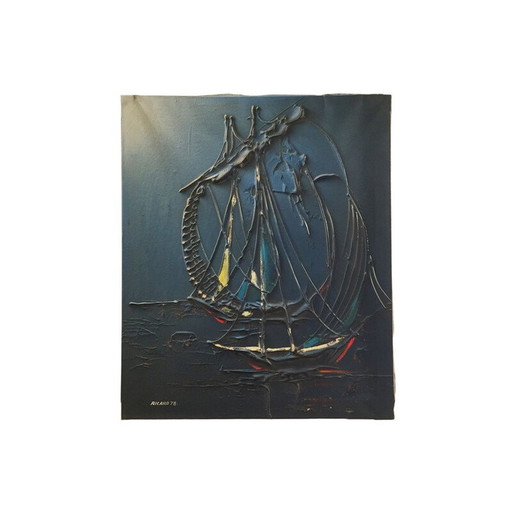 Vintage nautisch schilderij Schip "Ricard 78" Spaans Acryl, Spanje 1970