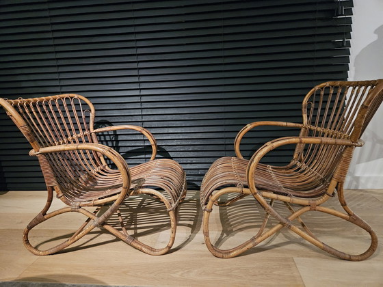 Image 1 of Set van 2 Vintage rotan Rohe fauteuil stoelen