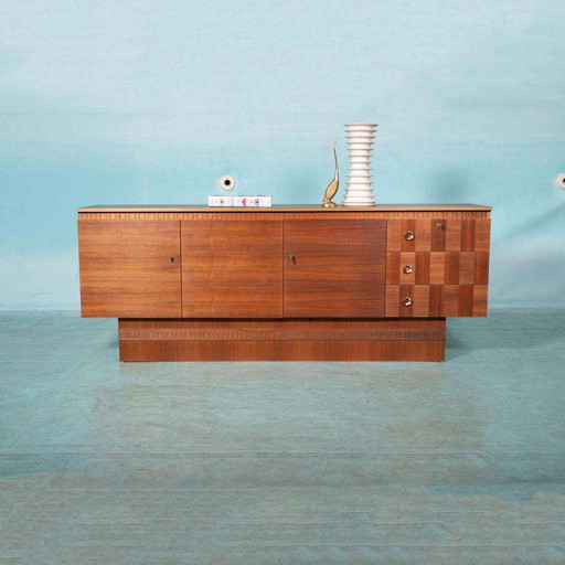 Japandi walnoot dressoir gerenoveerd, midmod 70s sideboard