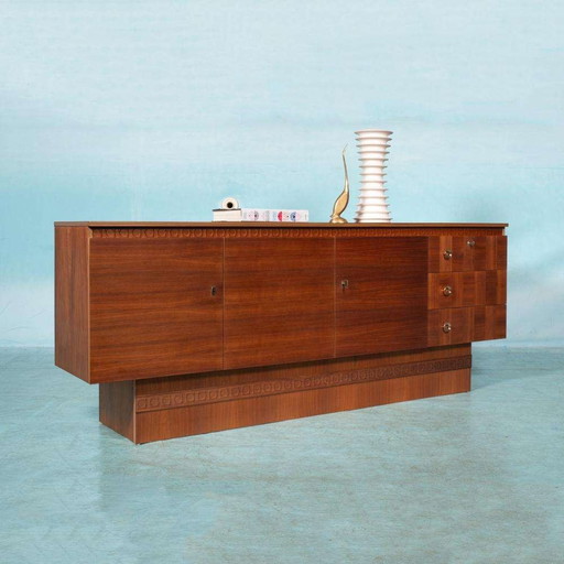 Japandi walnoot dressoir gerenoveerd, midmod 70s sideboard