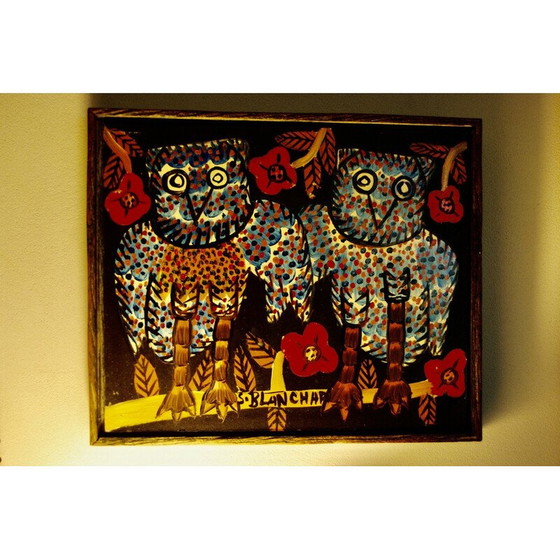 Image 1 of Vintage schilderij met 2 uilen door Sisson Blanchard
