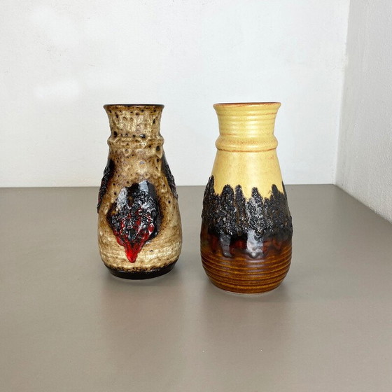 Image 1 of Paar vintage veelkleurige vette lava Op Art vazen van Bay Ceramics, Duitsland 1970