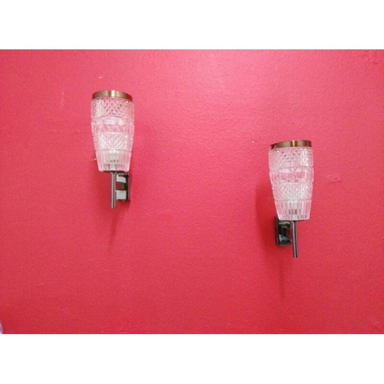 Image 1 of Paar vintage wandlampen van glas en staal, Italië 1950