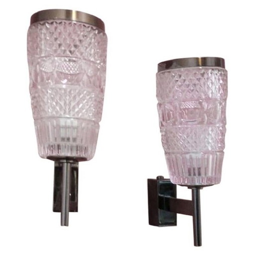 Paar vintage wandlampen van glas en staal, Italië 1950