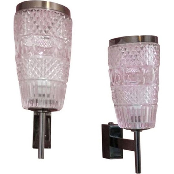 Image 1 of Paar vintage wandlampen van glas en staal, Italië 1950